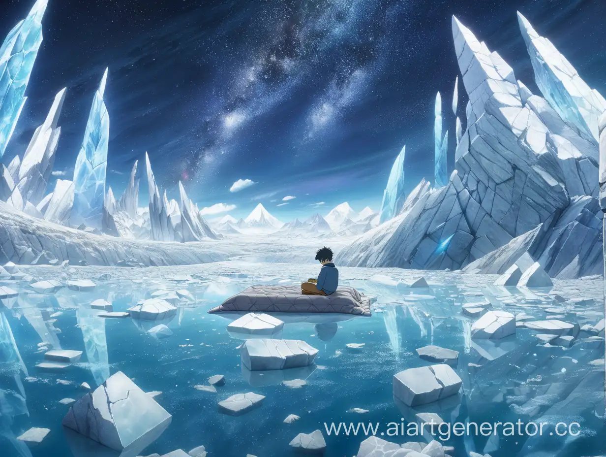 Разрушение вселенной на переднем плане аниме парень спит в пустоте среди парящих ледников
