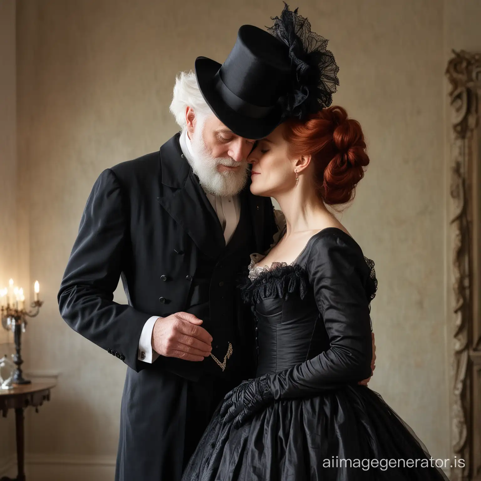 red hair Gillian Anderson wearing a black floor-length loose billowing 1860 Victorian crinoline dress and a frilly bonnet kissing an old man who seems to be her newlywed husband