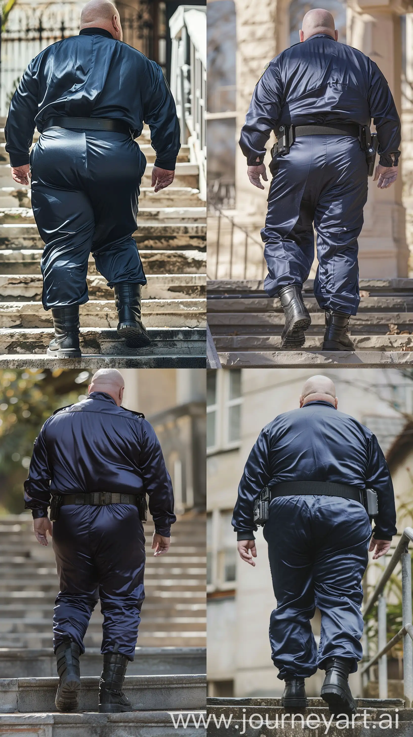 Back view Photo of a fat man aged 60 wearing a silk navy security guard skinny-fitted full coverall tucked in black tactical boots. The tissue of the pants is stretched out. Black tactical belt. Walking up stairs. Straight legs. Outside. Bald. Clean Shaven. Natural light. --ar 9:16