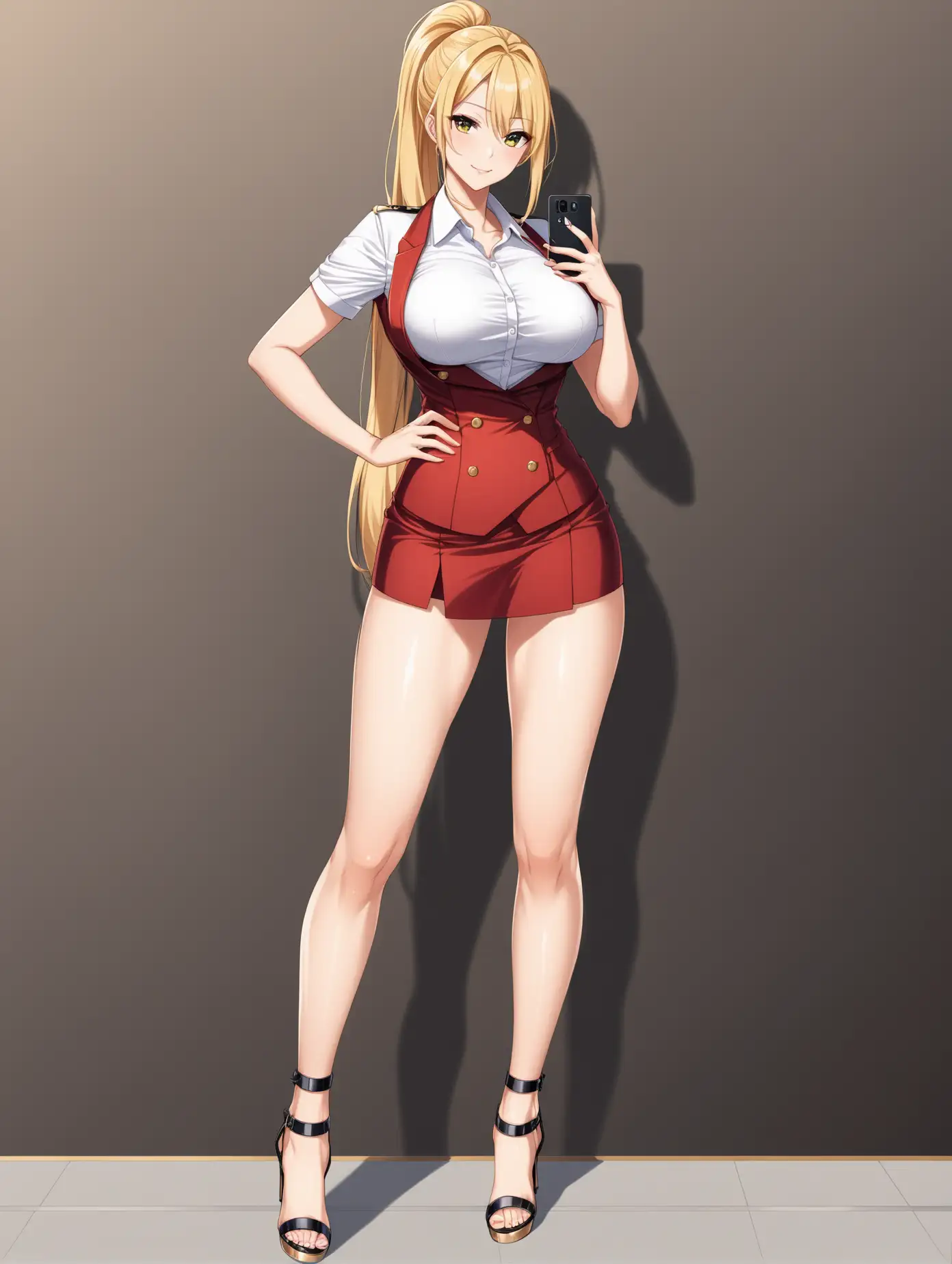 Sensual selfie picture in full body of a hot anime girl, age 35, in director outfit, height tall, blonde hair, long ponytail, ankle strip high heels sandals