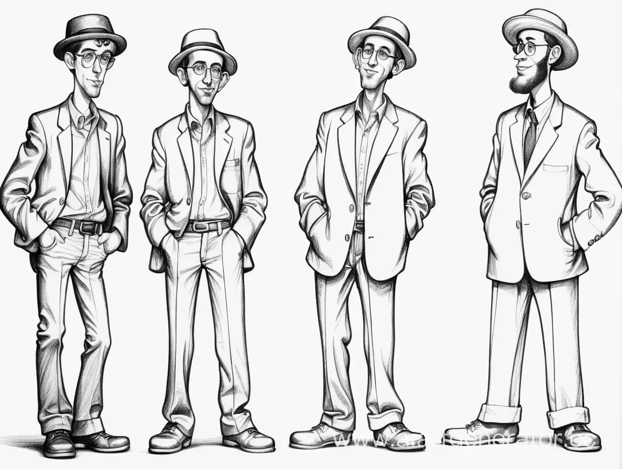 Простая карикатура, 4 молодых евреев без шляпы в полный рост, стоят в разных позах, тонкие линии, черно белый рисунок карандашом.