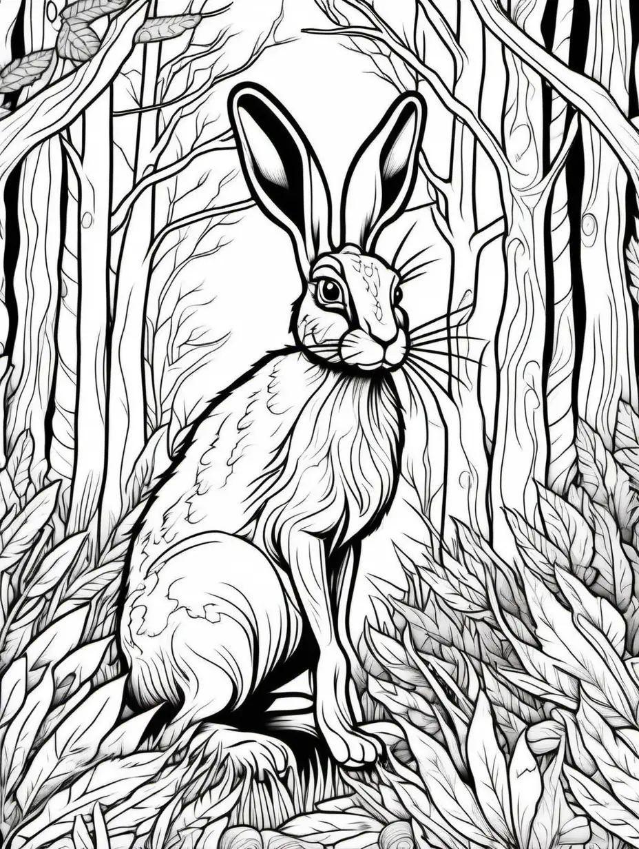 coloring page, hare in the wildlife scene, forest, high detail, thick line, no shading