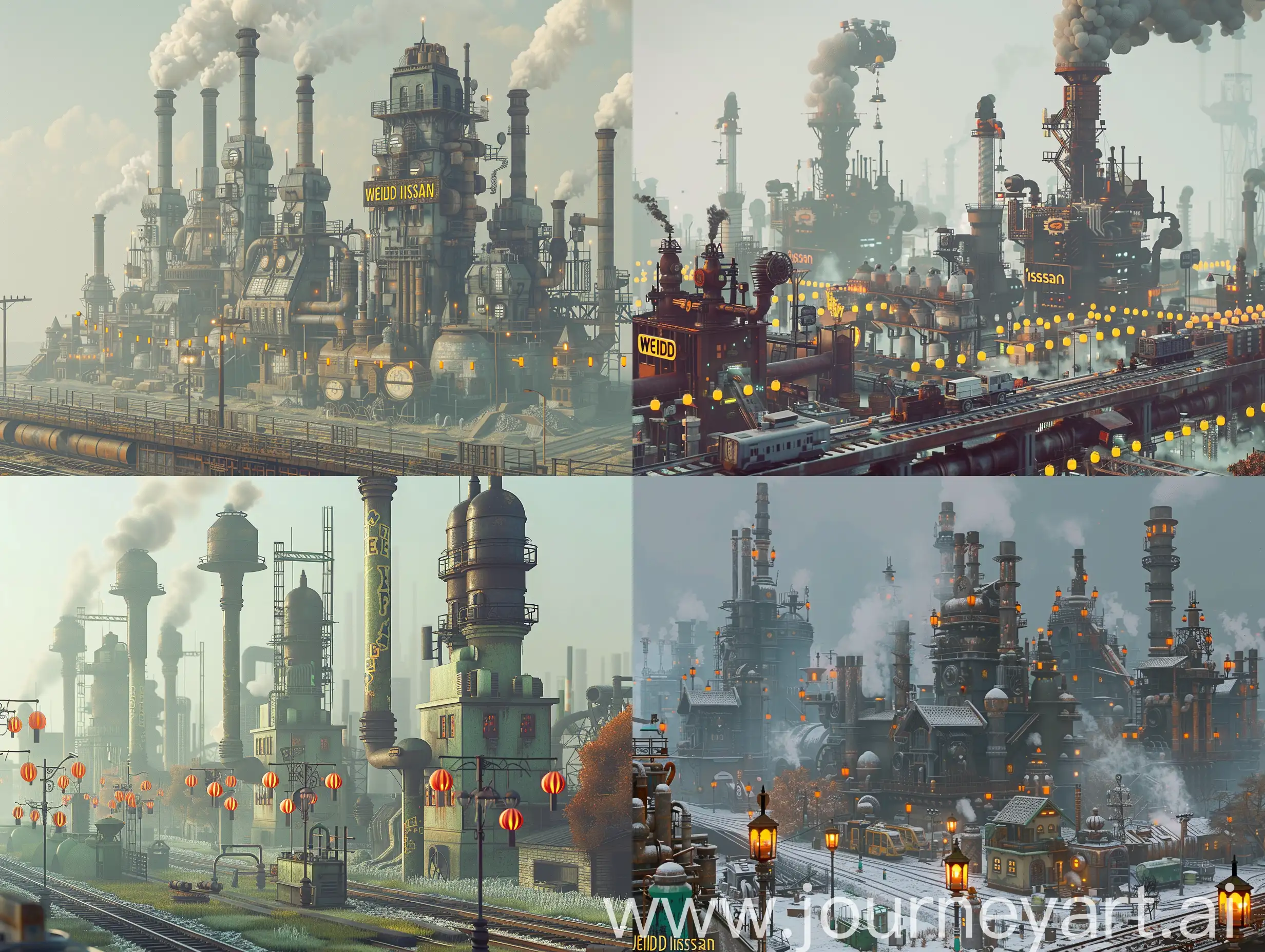 TEXT saying 'WEIRD INSAAN', clear visible title text, 4 dimensional futuristic city, old world, lanterns, photorealistic , isometric, digital art, smog, pollution, toxic waste, chimneys and railroads, 3 d render, octane render, volumetrics, by greg rutkowski