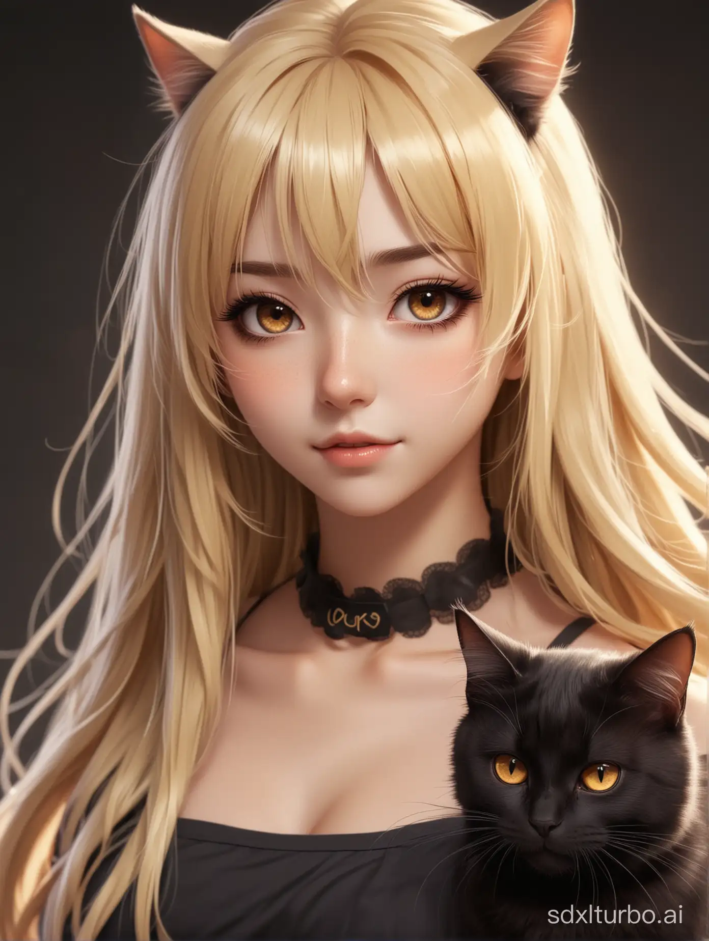Anime girl with blond long hair, brown eyes and with black cat