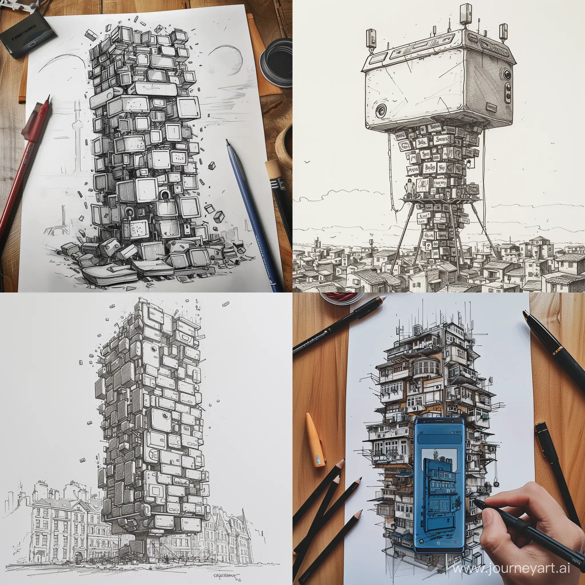 Create a drawing of the babble tower replaced by the samsung phone s24 ultra