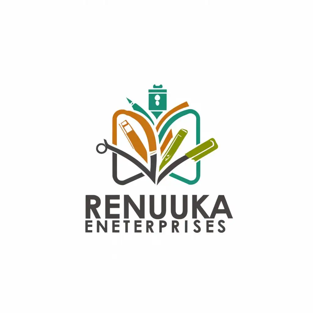 a logo design,with the text "Renuka Enterprises", main symbol:STATIOANRY PEN BOOK PENCIL PAPER SCALE ,complex,be used in Education industry,clear background