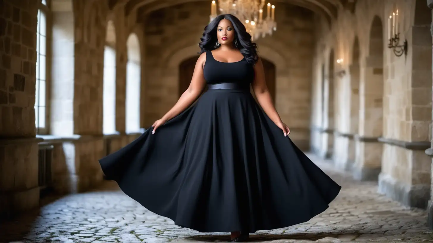 beautiful, sensual, classy elegant black plus size model wearing a round scoop neck black dress with a very flared tea-length skirt, skirt is made from the same black fabric as top, fitted black bodice, deep and wide scoop neck  bodice, sleeveless, wider straps, empire defined waistline with a waistband tonal to the dress, long  hair is flowing, luxury photoshoot inside a magical winter castle in France, winter decorations inside the rooms in the castle, antique background