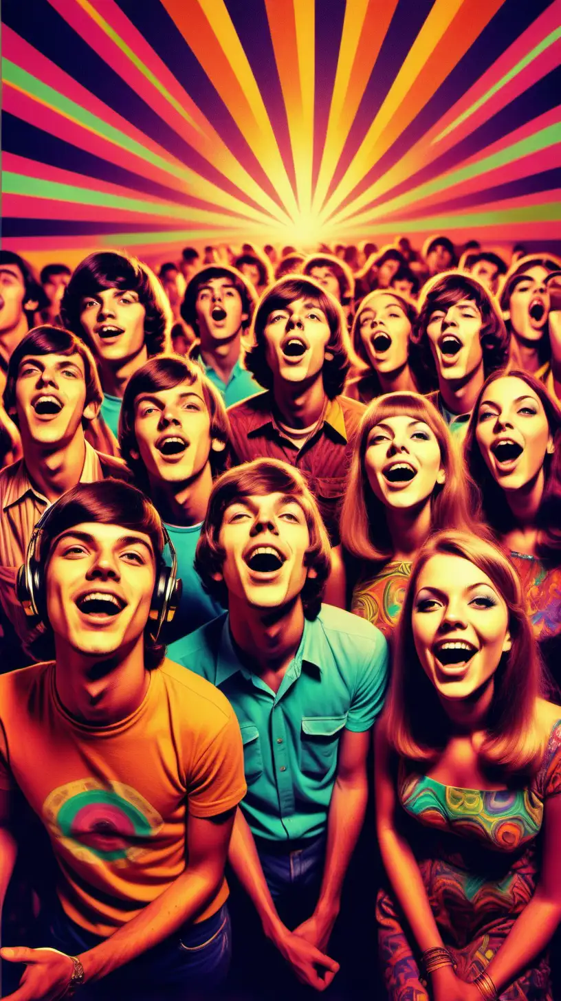 Retro Digital Illustration portraying a group of 20-year-old young people in the 1960s psychedelic era, hallucinating with vibrant colors and psychedelic patterns, joyfully listening to rock bands, evoking the blissful atmosphere of the time, Inspirations from Vintage Concert Posters, Wide Angle Shot, Cinematic Render, Colorful Lighting
