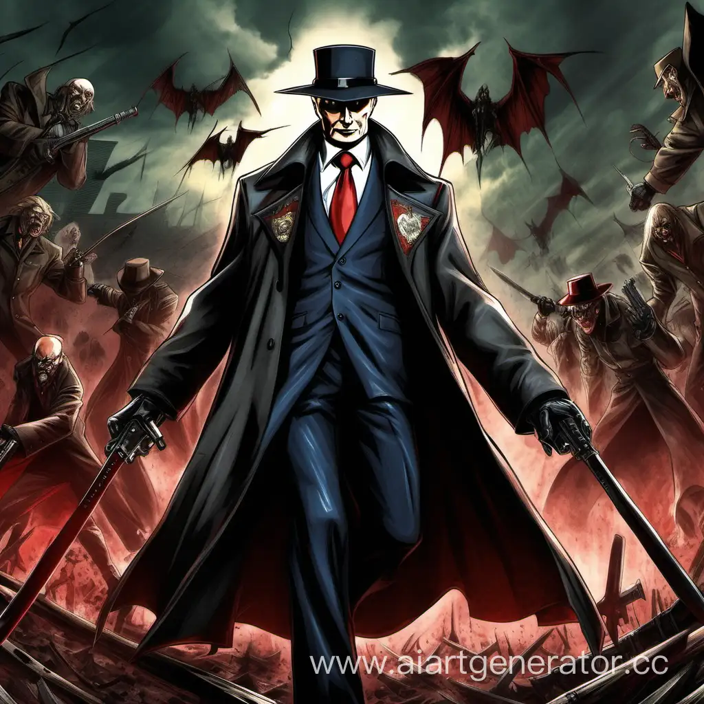 Putin in outfit of Van Hellsing in a hat slashes and defeats vampires