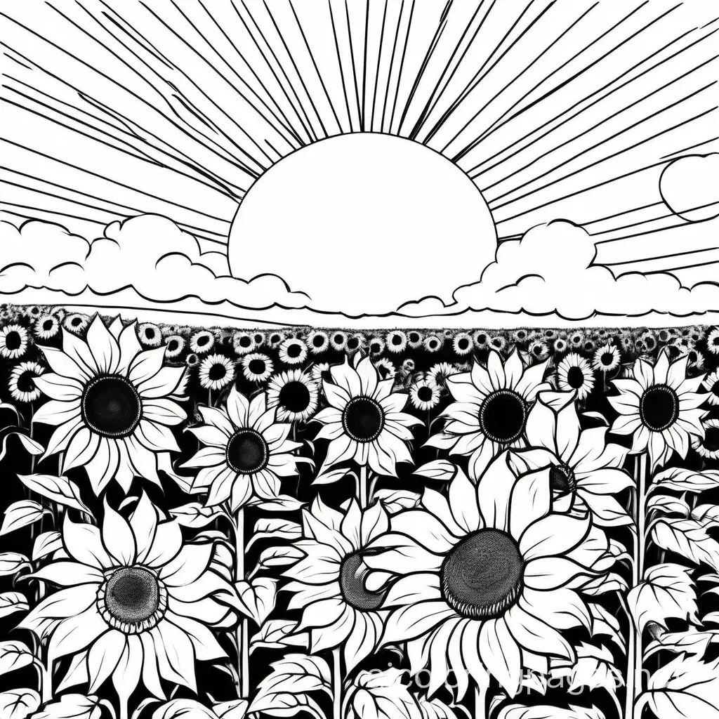 Towering Sunflowers Against a Vibrant Summer Sky.. The background of the coloring page is plain white to make it easy for young and adult   to color within the lines. The outlines of all the subjects are easy to distinguish, making it simple for kids to color without too much difficulty, Coloring Page, black and white, line art, white background, Simplicity, Ample White Space. The background of the coloring page is plain white to make it easy for young children to color within the lines. The outlines of all the subjects are easy to distinguish, making it simple for kids to color without too much difficulty