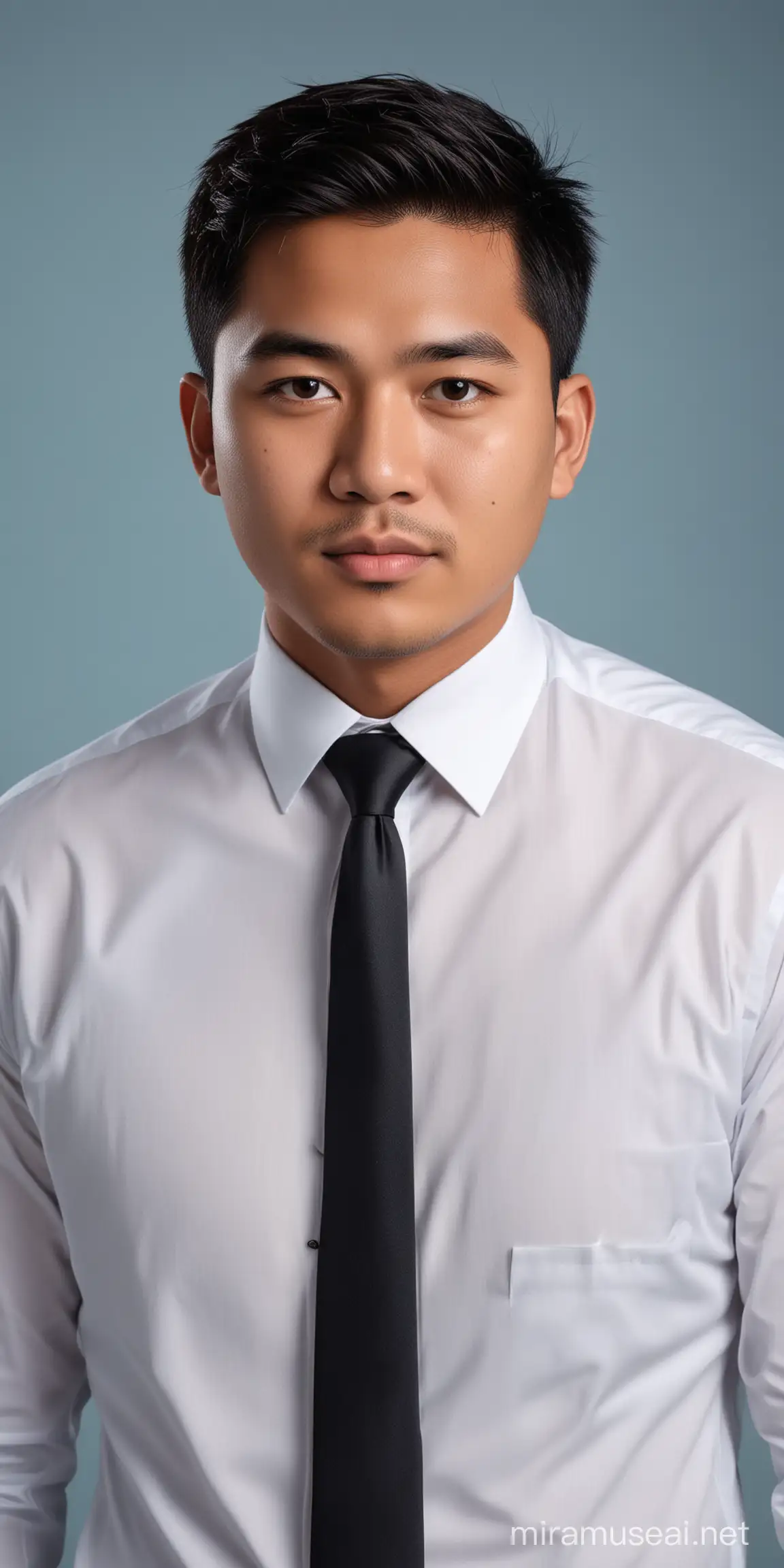 Professional formal photograph, Indonesian man 26 year old, short straight hair style, round face, detailed faces, chubby, wearing man white shirt, black tie, SKY BLUE colour as background, body facing forward, UHD.