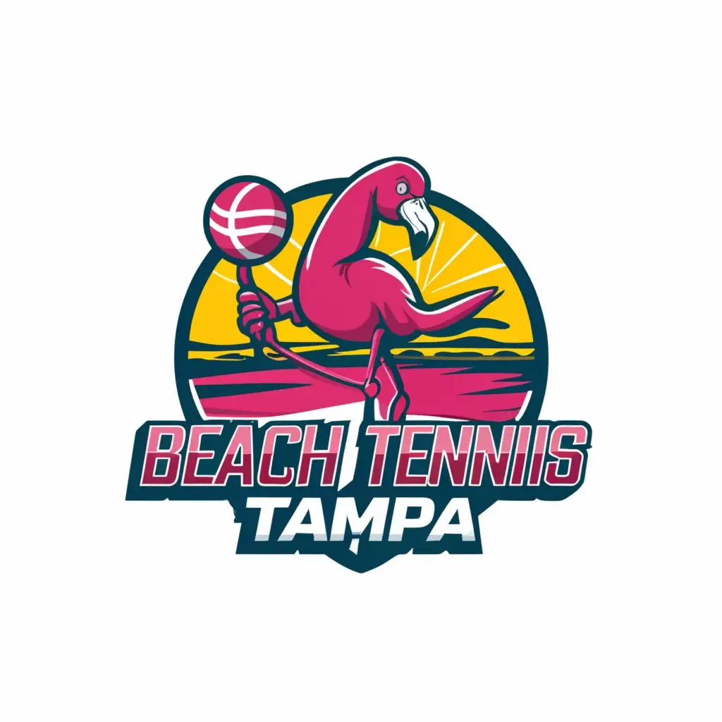 a logo design,with the text "Beach Tennis Tampa", main symbol:Flamingo with a beach tennis ball in his mouth playing beach tennis.,complex,be used in Sports Fitness industry,clear background