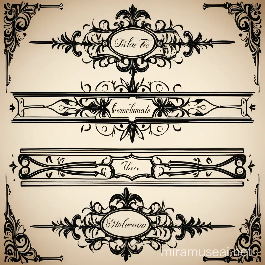 ornemental text dividers, calligraphic lines, historical theme, victorian style, black outline