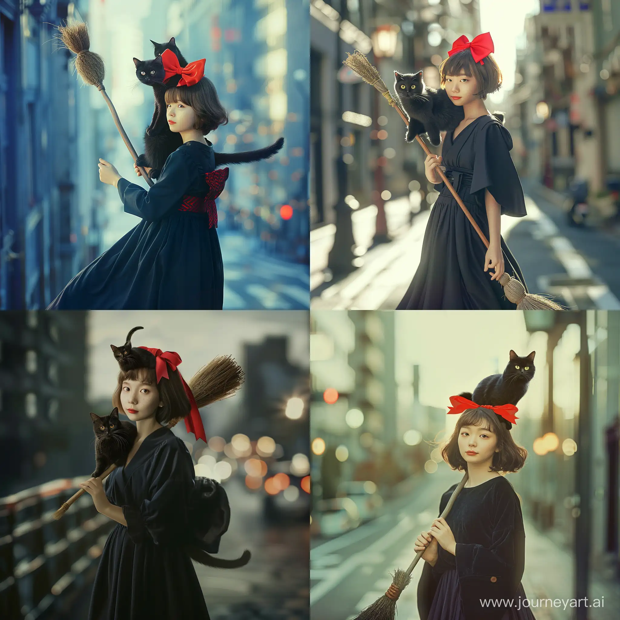1個真實15歲日本女孩,棕色短髮,頭上有紅色大蝴蝶結,黑色長洋裝,肩膀上坐著隻黑貓,騎在掃把上,飛翔在城市街道上,超真實,高品質,超精緻,超寫實,散景,專業攝影