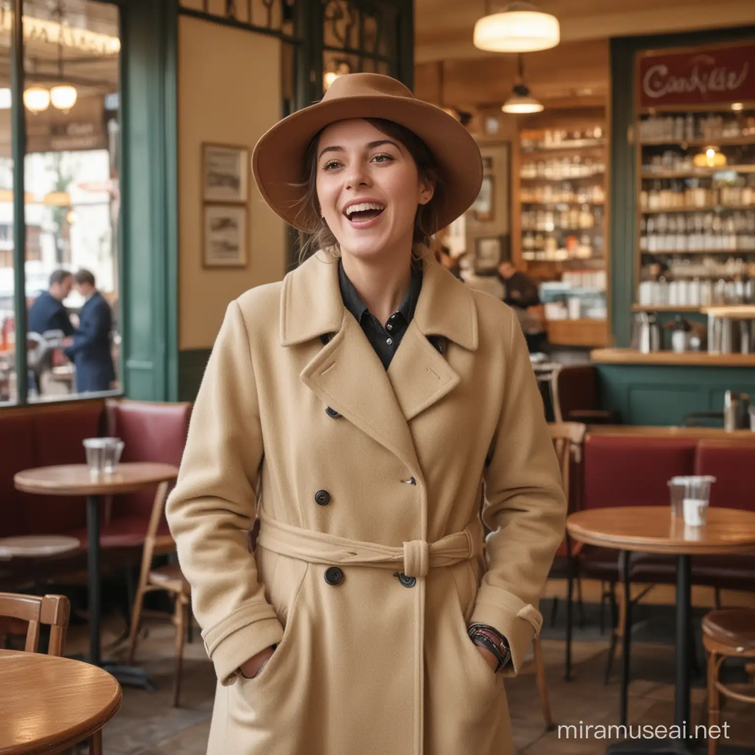color image of a standing woman wearing a hat and a coat in a large French café. Her hands are in her pockets and she is singing