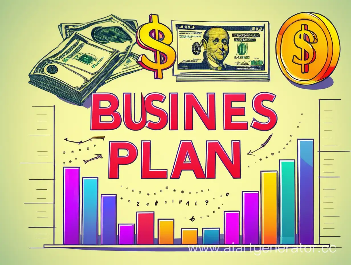 Надпись бизнес план с графиком и деньгами в ярких цветах