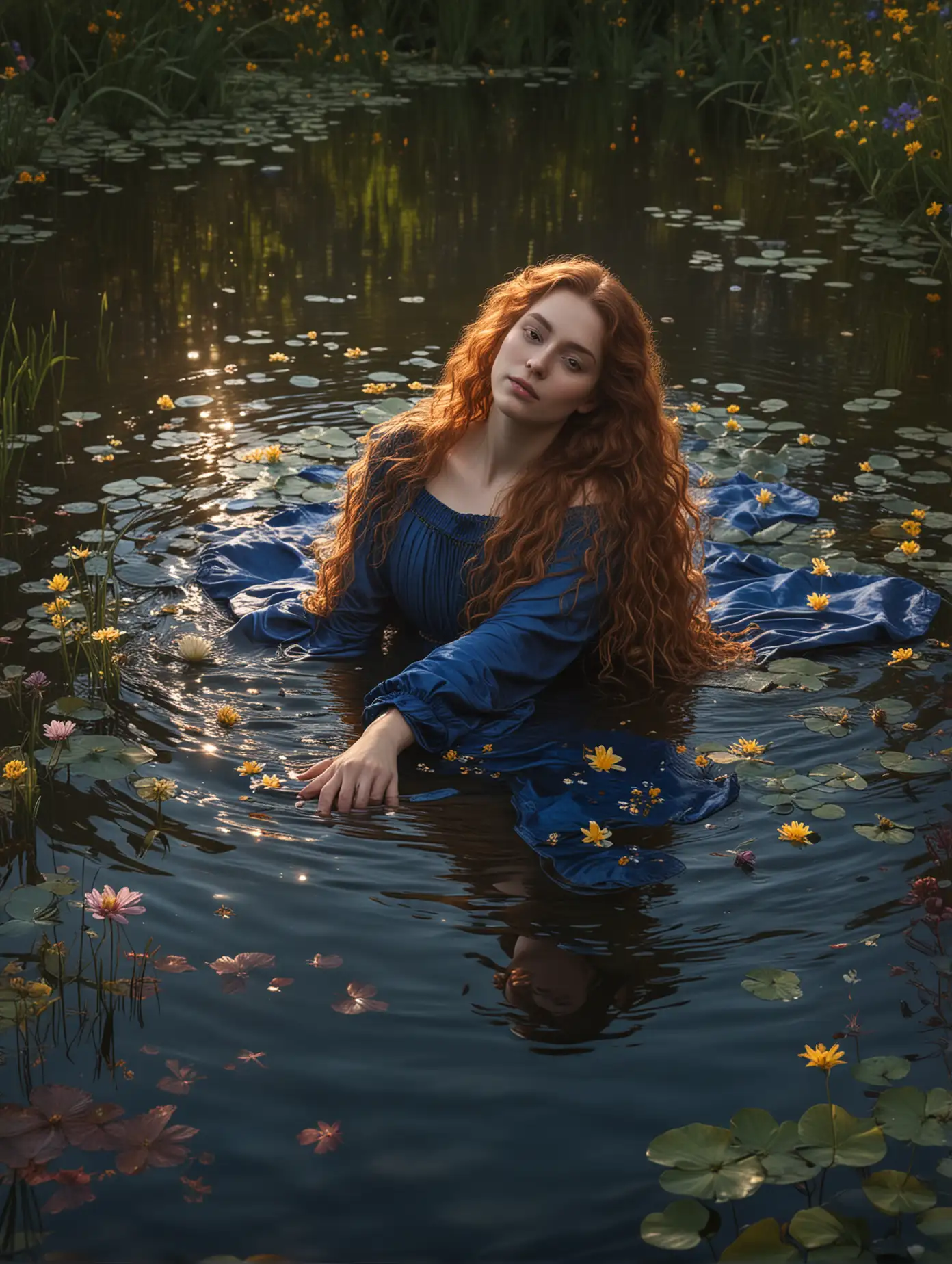 photo by Sir John Everett Millais, Ophelia, exquisite chiaroscuro lighting and composition, 8k, very detailed, high resolution, woman with long auburn curly hair, blue robe, floating on her back in a lake, surrounded by floating flowers, sunset, illustration, artstation, concept art, smooth, sharp focus, award winning work, PA7_Portrait-MCU
