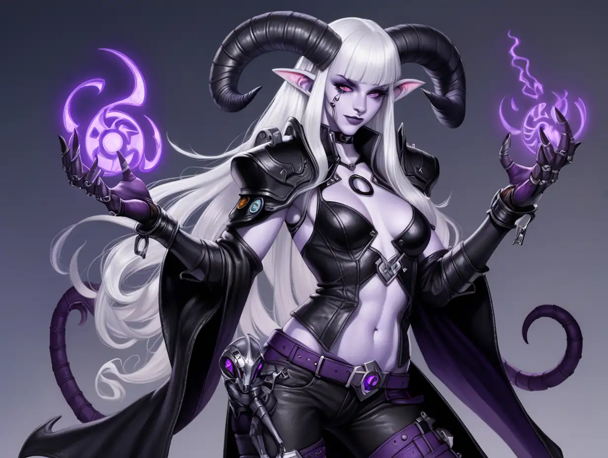 pale purple skin, long, flowing white hair with long bangs tiefling; small black curly ram horns with silver piercings; dressed in black leather rogue outfit; robot left leg; dark ally in the background; purple energy hands
