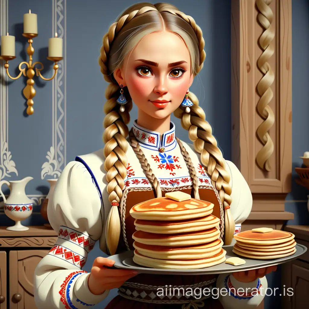 a Russian beauty in national attire holds a tray of pancakes in front of her, luxurious braids, Slavic culture, subtle drawing,