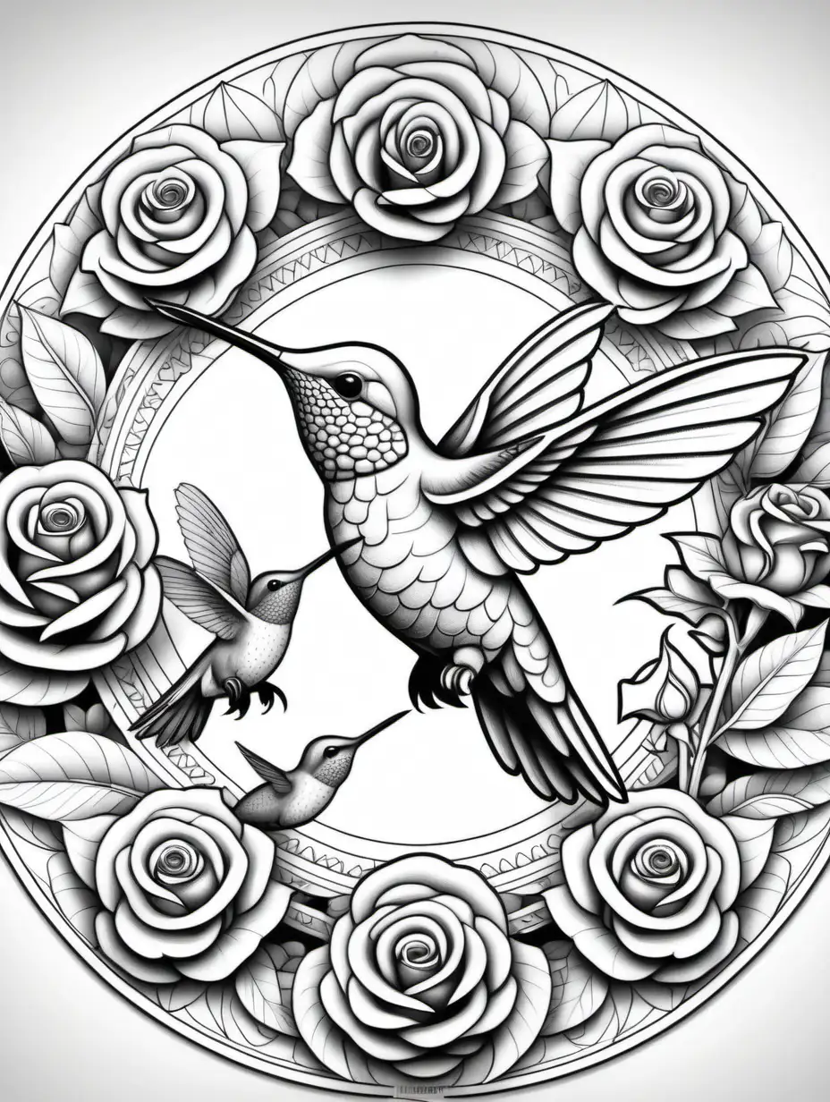 adult coloring book, black and white, best linework, high details, no color. 3D symmetrical mandala with roses and hummingbird