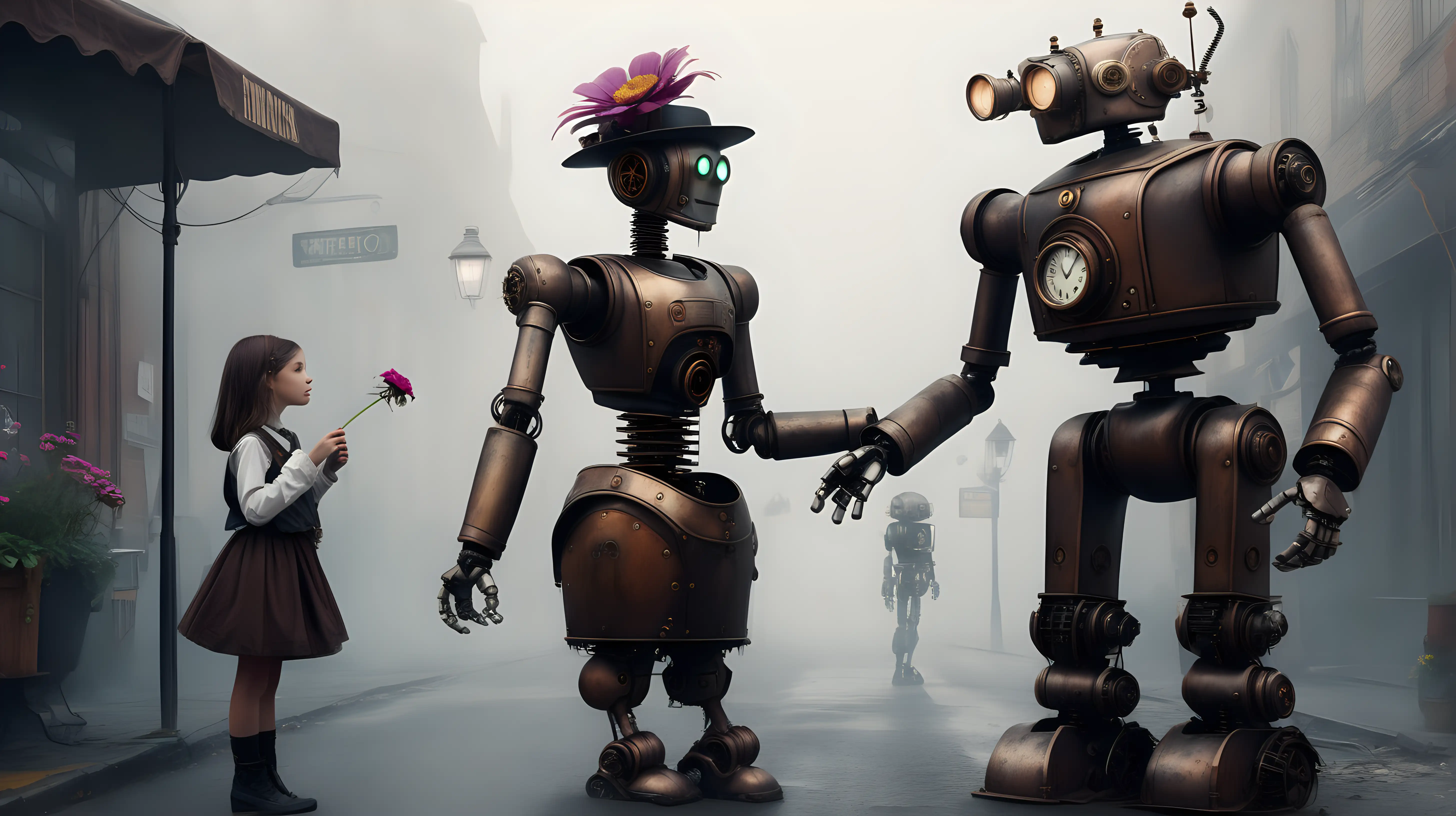Steampunk robot, talking to a girl standing with a flower, fog, street