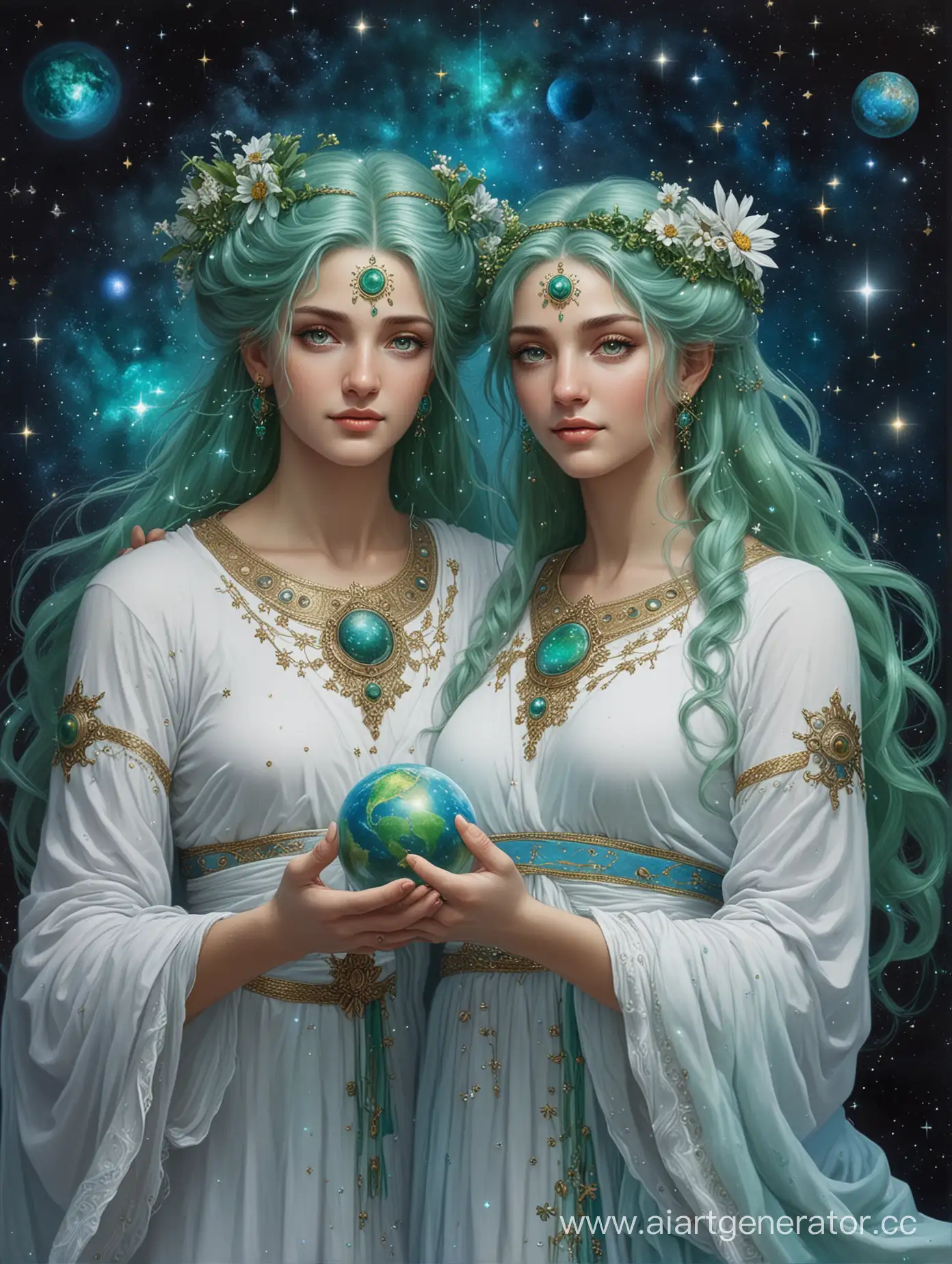 Богиня и бог космоса, с зелеными глазами, со звездами в волосах и планетами в руках, в бело-голубом одеянии, любят своих верующих