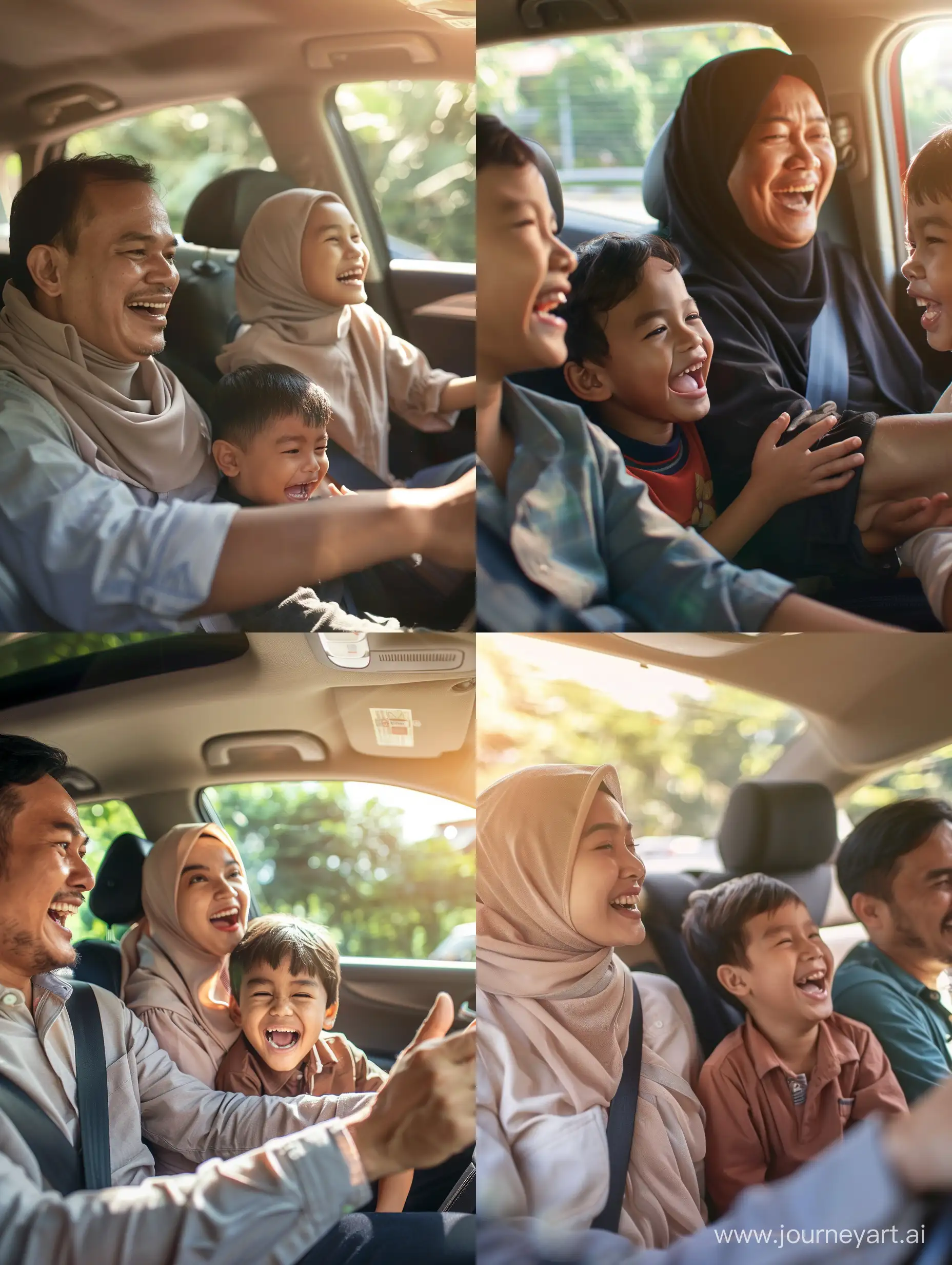 Ultra realistic, close up. atmosphere in the car. Malay family. father is driving mother is talking to her children. mother wears a hijab. the boy is laughing. daughter is also laughing while looking at her mother. they are on their way to vacation. there is sunlight. canon eos-id x mark iii dslr --v 6.0