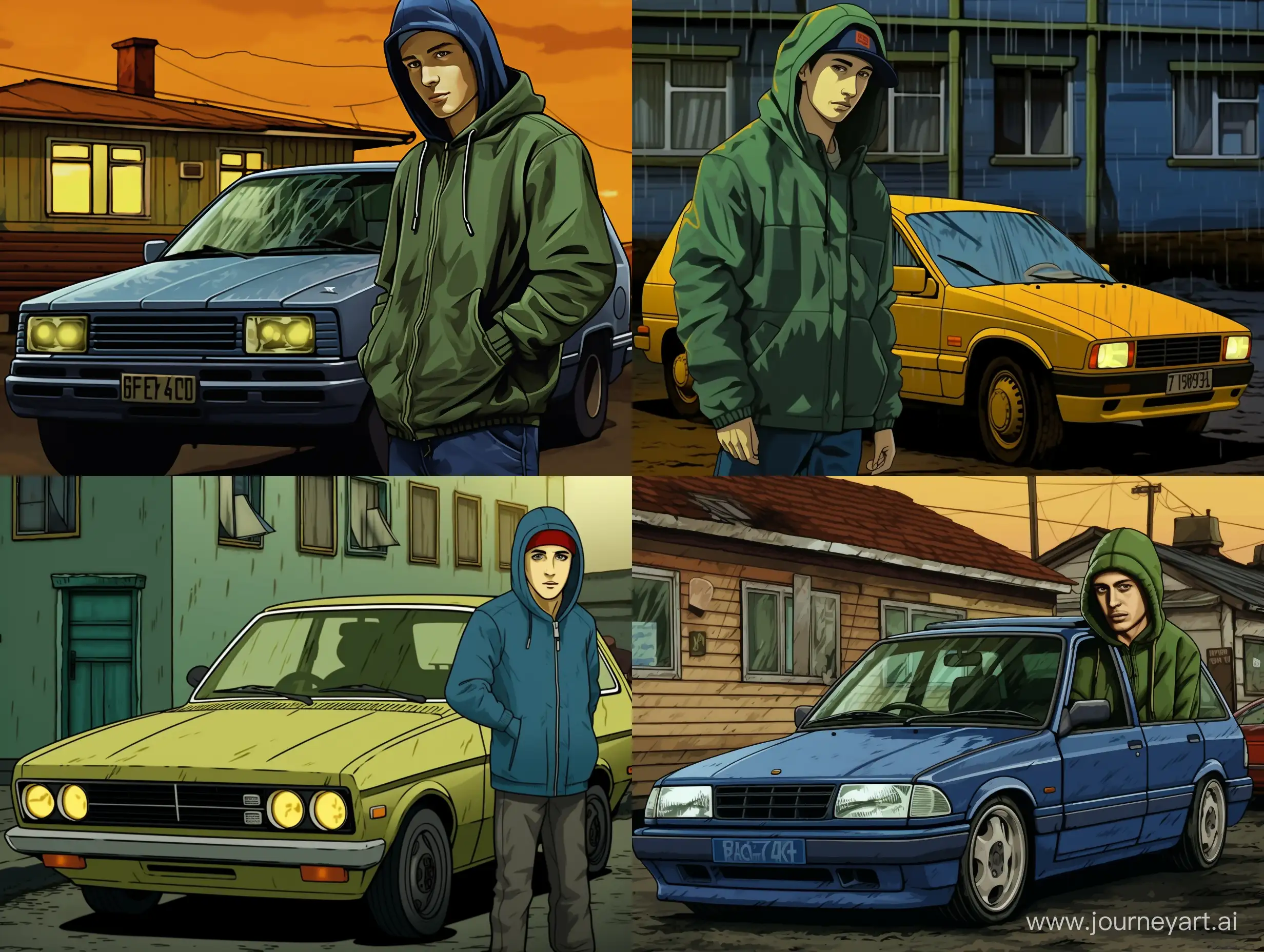 A fat teenager weared in green hoodie with japanese word print in middle of hoodie is standing next to an old liftback sedan model of a dark green metallic 2003 Dacia Solenza. The yellow halogen headlights of this car shine brightly. The action takes place on a dark street in a residential area of an Eastern European city