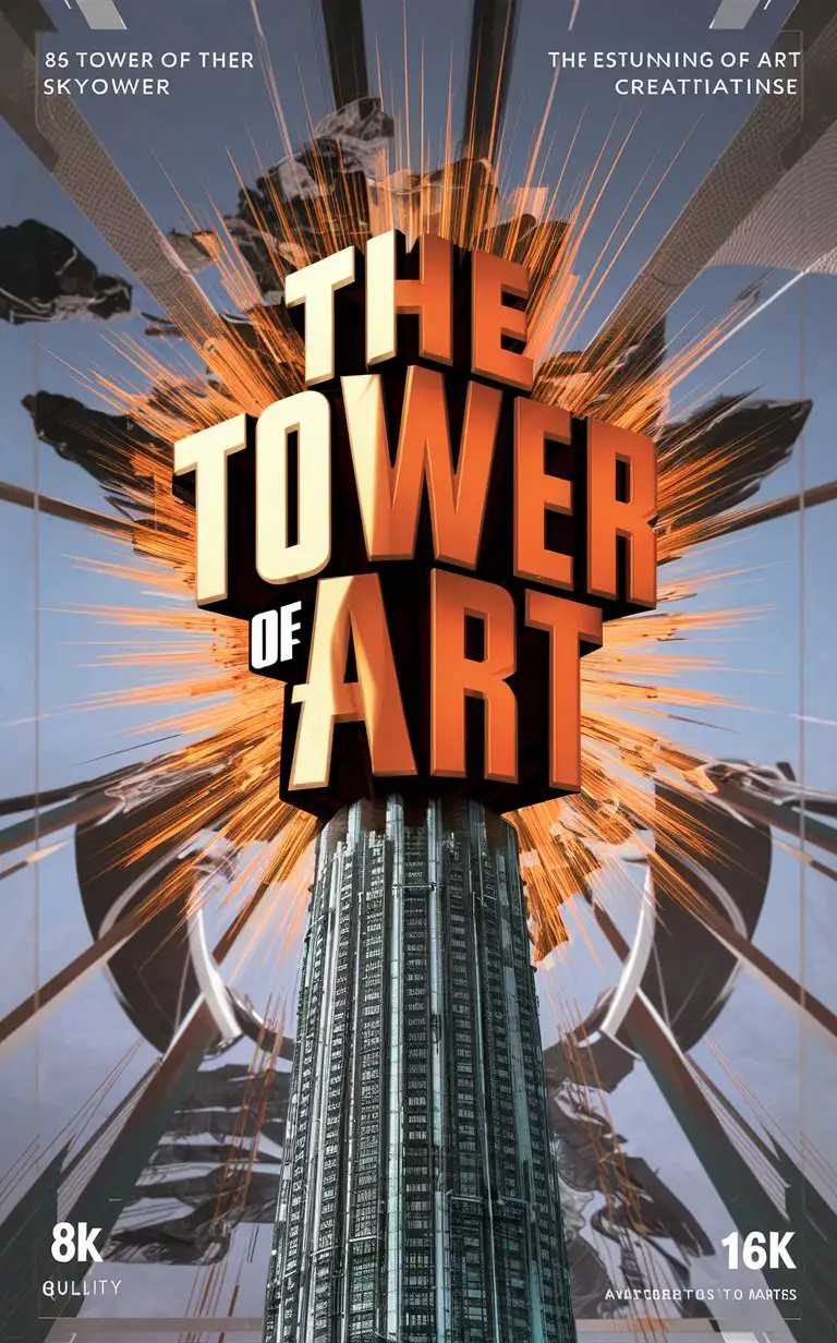 metaverse add bold text""The Tower of Art"" complex 36 storey skytower include name "The Tower of Art"breathtaking aesthetics premium 14PT card stock authenticated breathtaking 8k 16k visuals in a complex background (radiates orange brilliance, showcasing avant-garde designs and expressive forms)