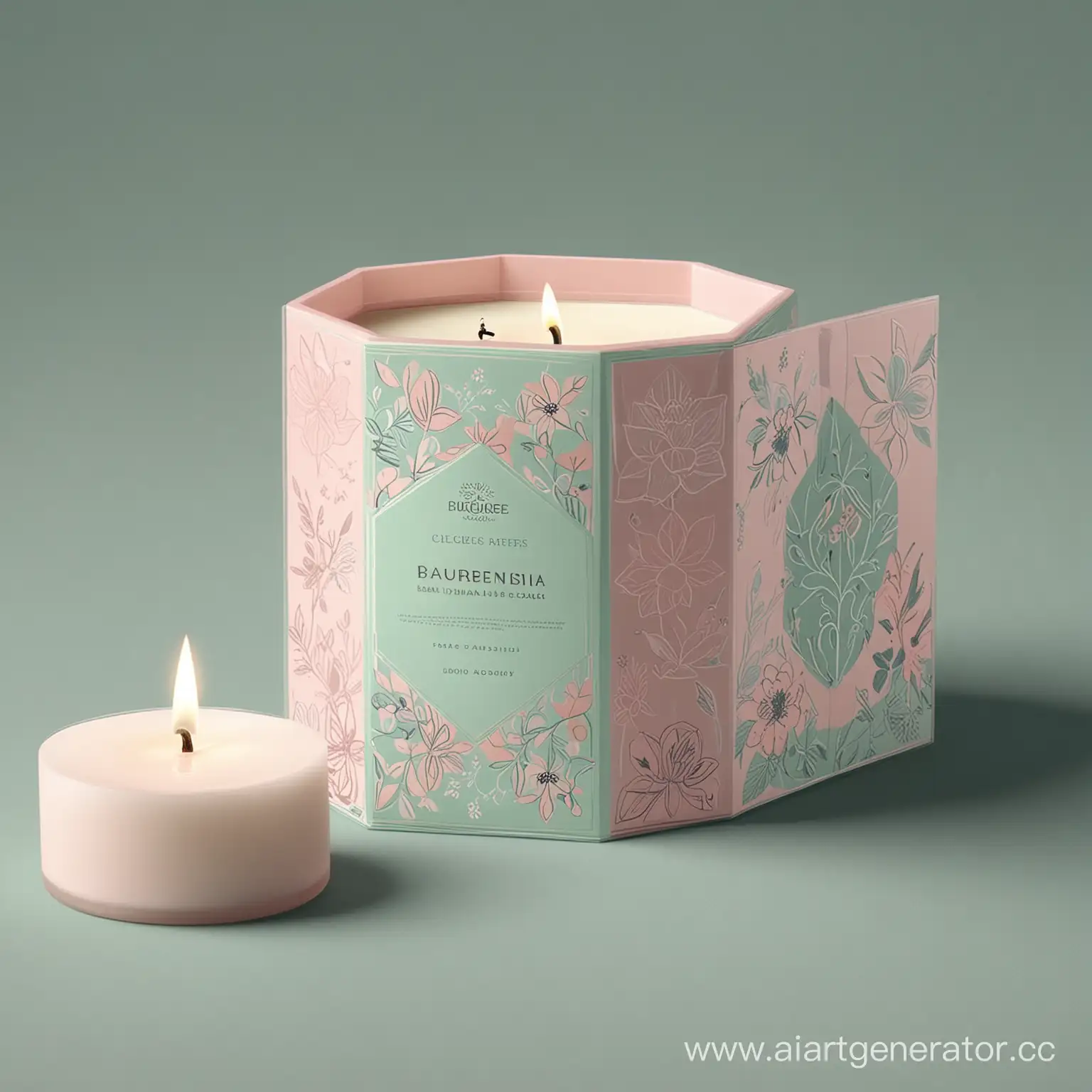 Create a new candle unusual box design with a modern and elegant aesthetic. Incorporate soft pastel colors such as blush pink and mint green. Include floral elements and geometric patterns for a contemporary touch. The box should have a minimalist design with clean lines and ample space for branding and product information. Please ensure that the design reflects the luxurious and calming nature of the candles. Feel free to experiment with different layouts and compositions to achieve a visually appealing result.