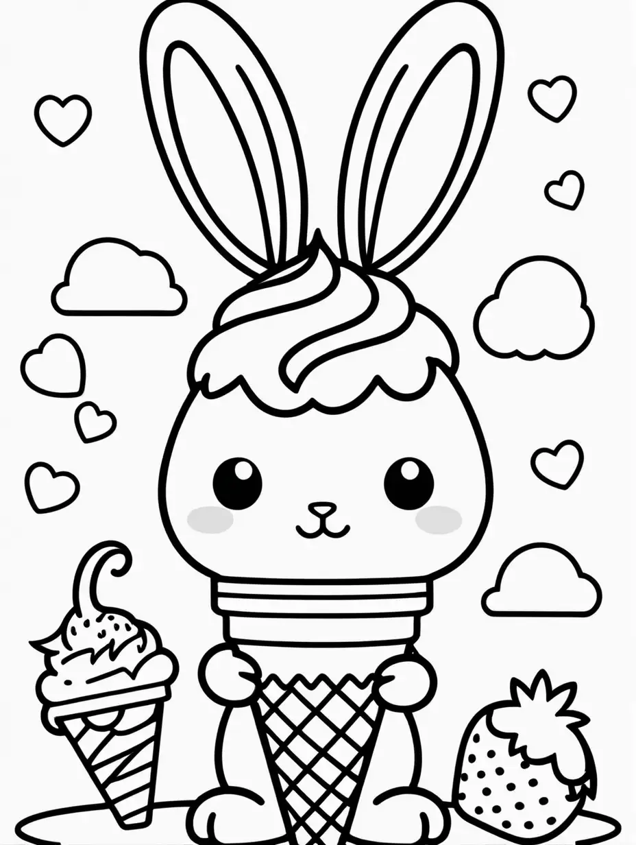 coloring page for kids with a cute kawaii bunny with ice cream cone with strawberries, black lines white background, only black and white
