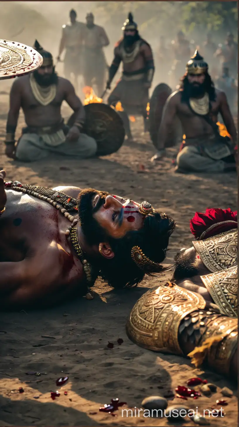 A ravan king man wearing a crown and jewelry is lying on the ground, possibly dead  and he face blood . The scene appears to be set in a warrior place some people fight 