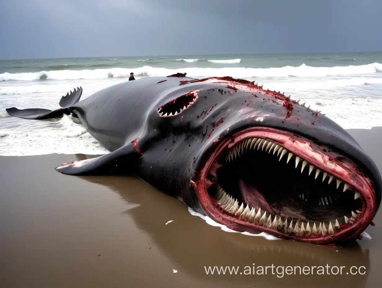 Мертвый Кашелот с открытой пастью и зубами выброшен на берег невероятно огромный