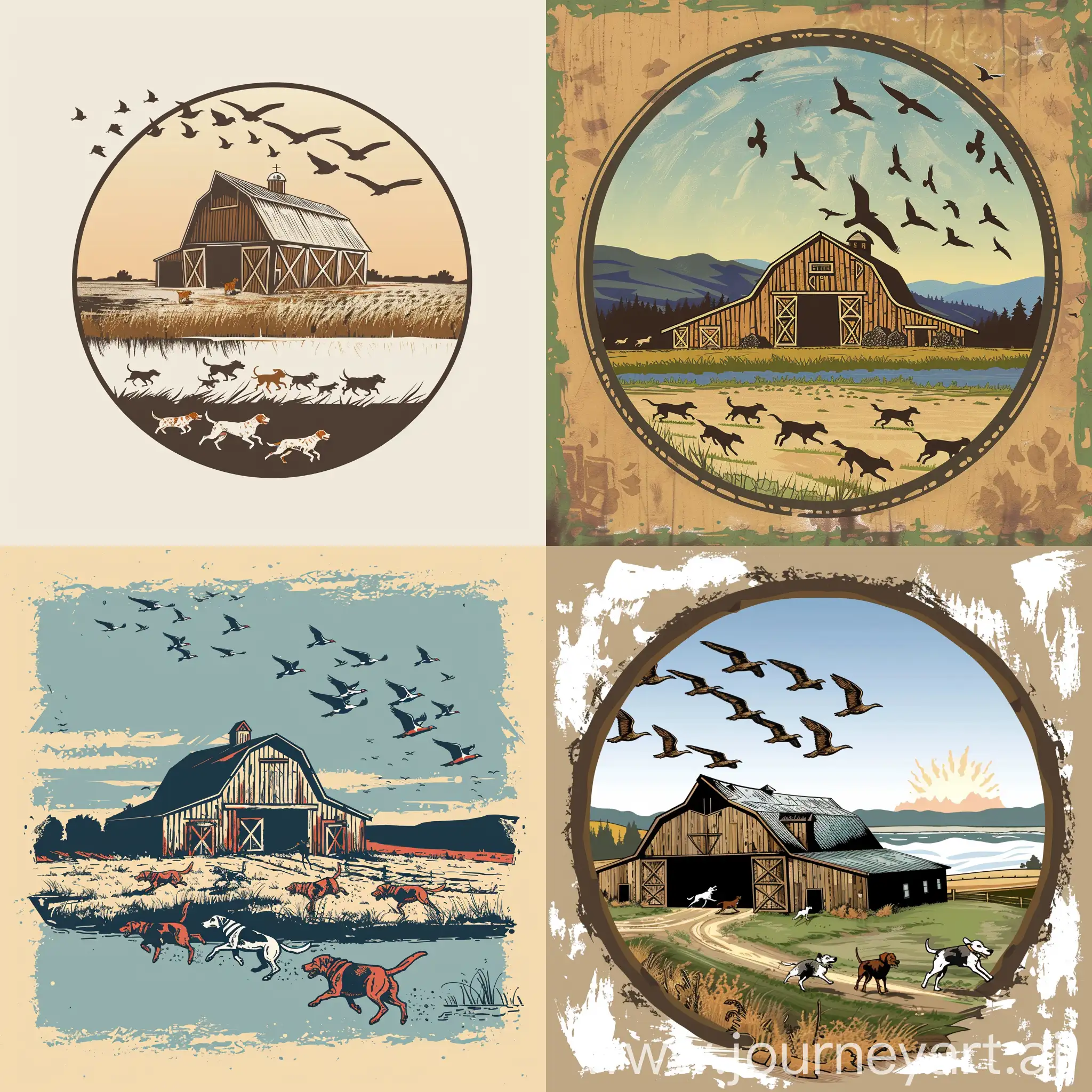  A logo design of a rustic barn with dogs running free in open land with a lake and maybe a flock of birds soaring
