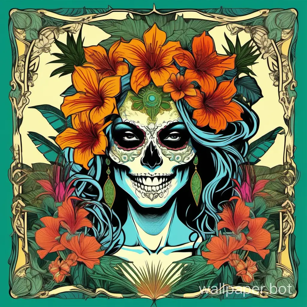Brazilian skull woman, sexy smile,  lot of explosive tropical flowers, wild flowers around, pop art poster, alphonse mucha ornamental poster, high contrast colors, detailed line art, sticker art, stilized very fragmented border