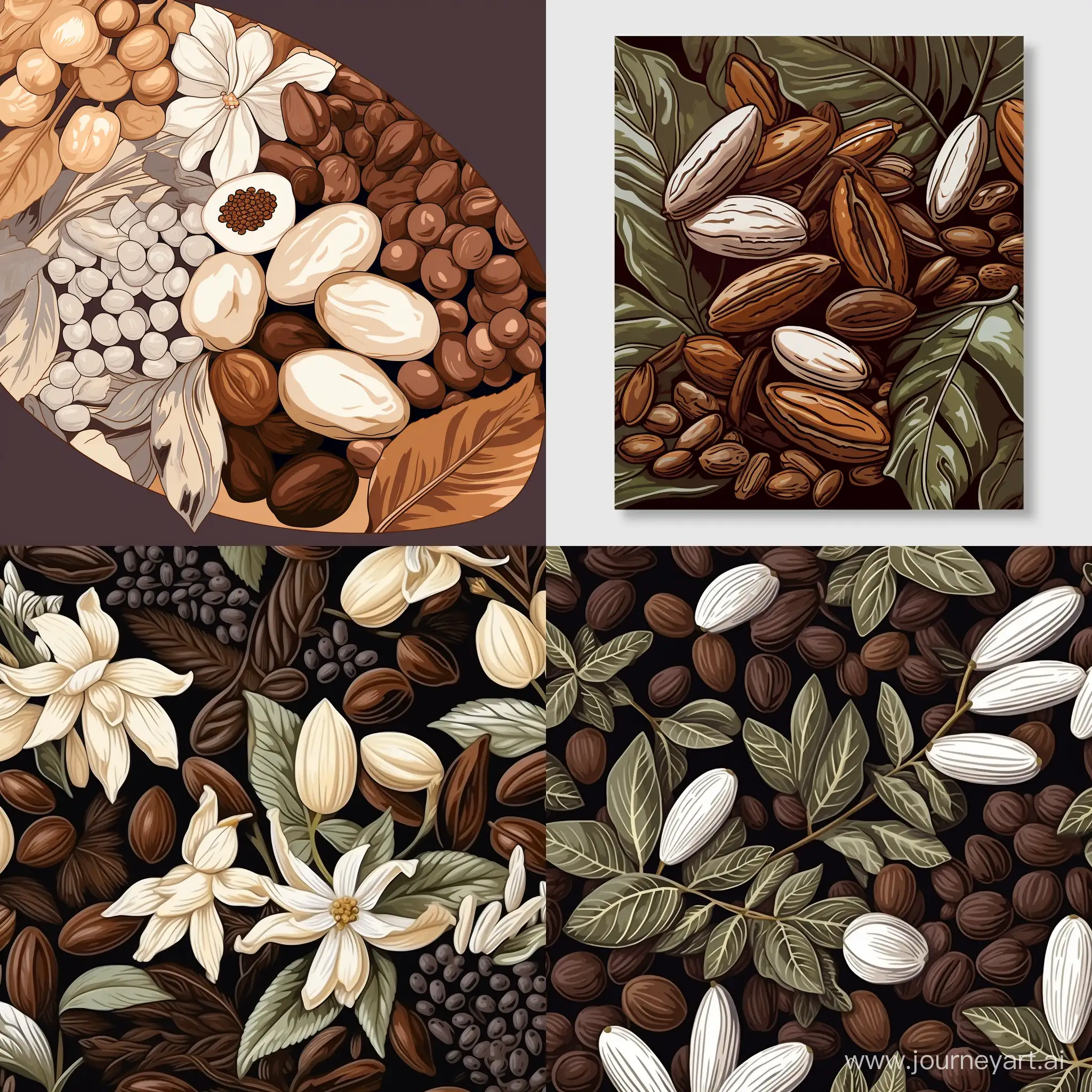 William Morris Inspired Painting cacao beans vintage monochromatic color scheme, in flat style