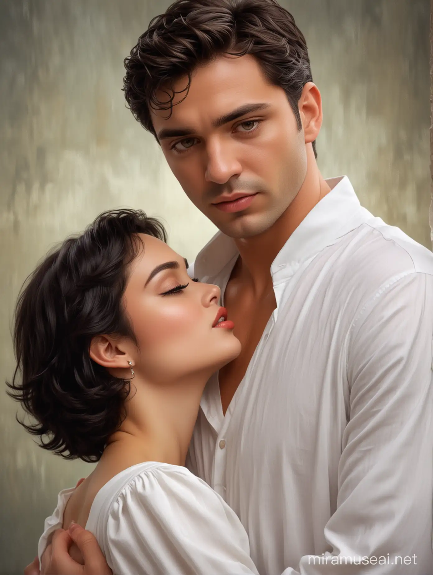 Affectionate Woman in White Dress Embracing Stern Man with Gray Eyes