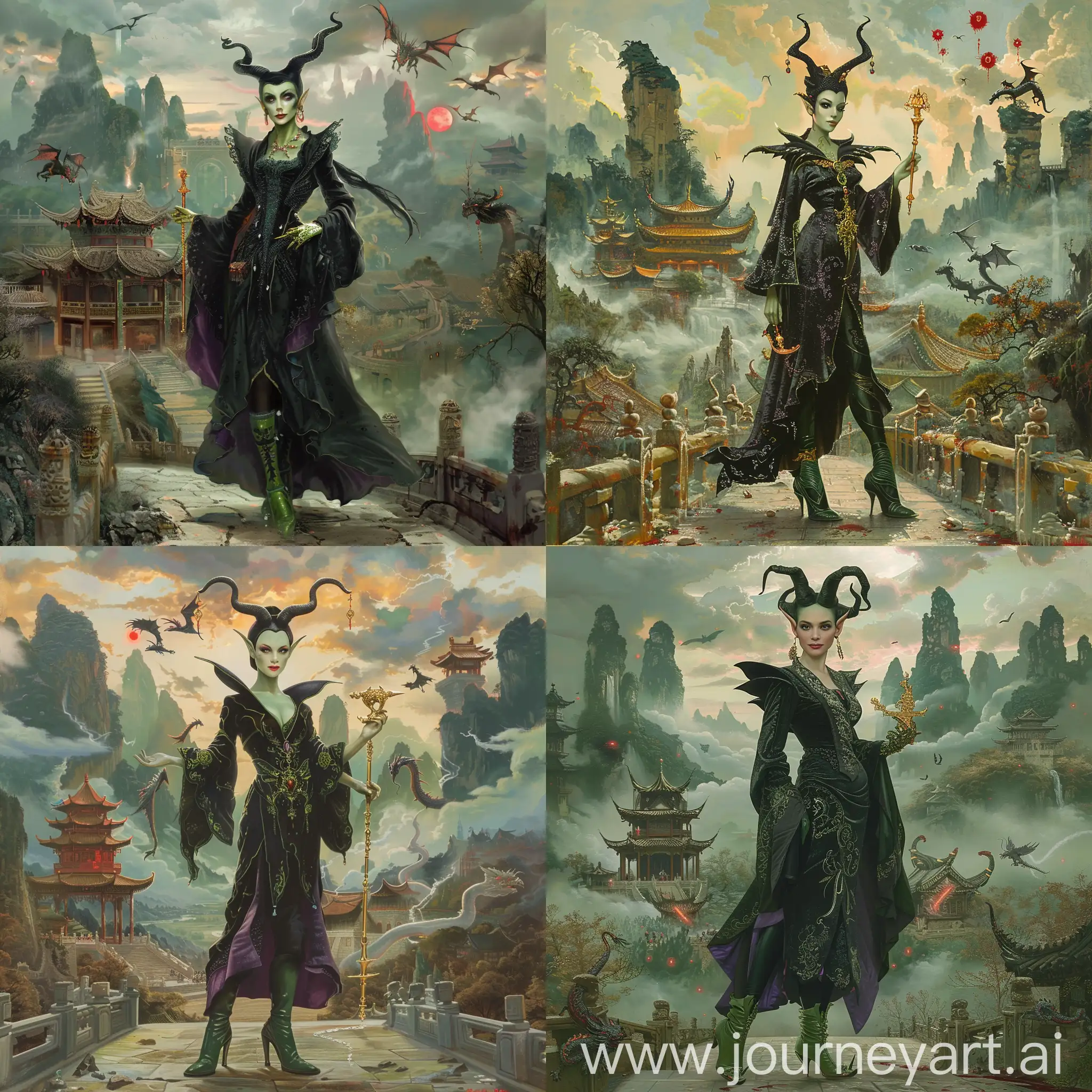 Historic painting style:

a Disney elegant French villian, Maleficent from Sleeping Beauty cartoon, she looks like Angelina Jolie, she has light green skin, she has two black horns, she wears black and  few purple color Chinese empress robe, dark green boots, she holds a golden Chinese magic wand in right hand, 

Chinese Guilin mountains and temple as background,  evil iced dragons and three small red blood suns in cloudy sky.