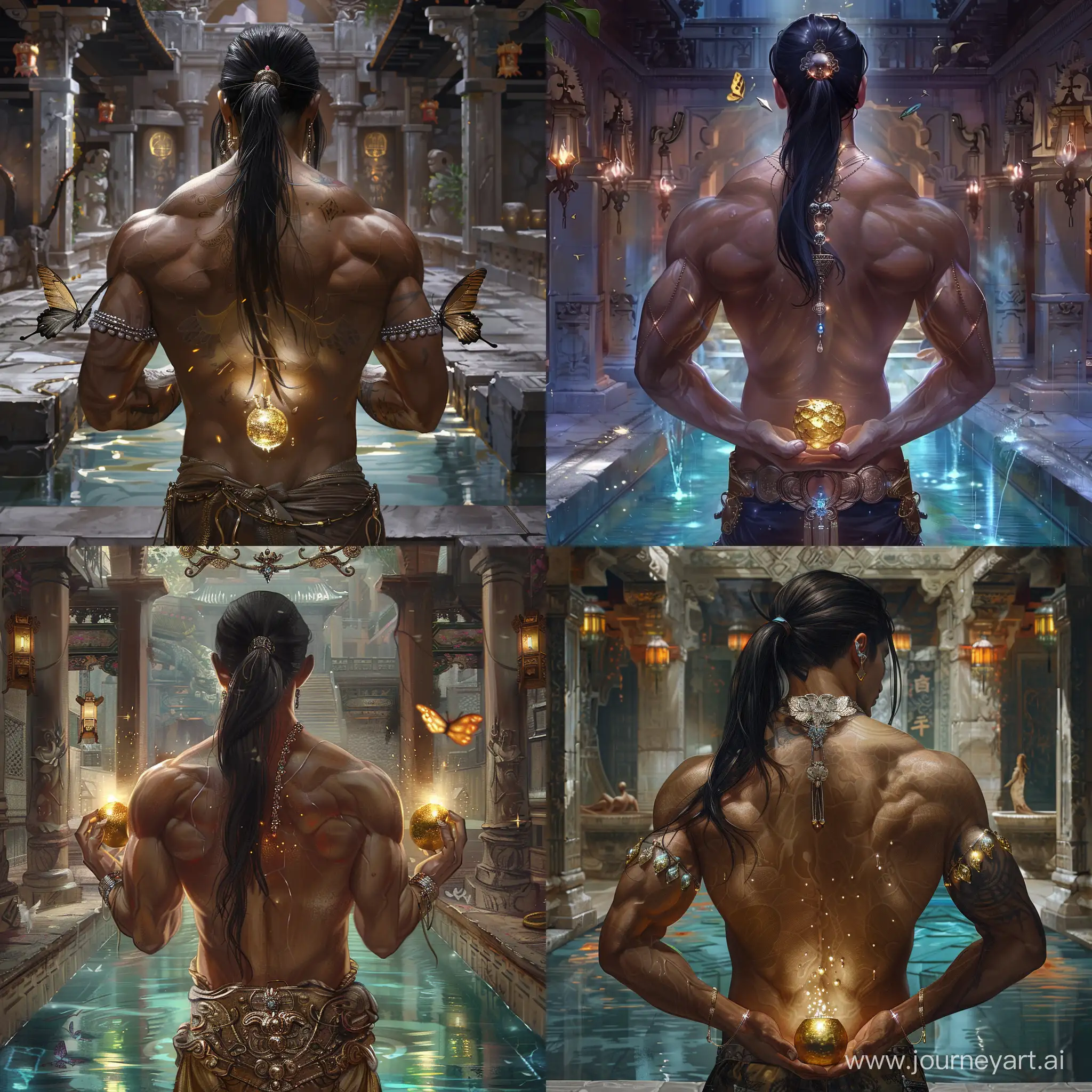 butterfly jewelry, one man from the back, shirtless with muscles, holding a golden apple in hands, backside, danmei artstyle, semi realistic art, beautiful interior ancient pool architecture background, magical water glowing, asian fantasy background, magical glow, silver jewels, long luxurious black hair ponytaul