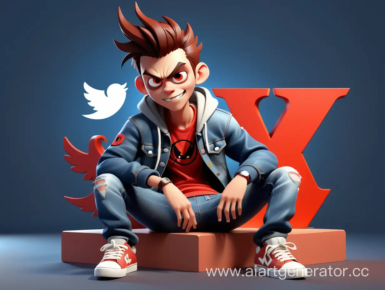 Create a 3D illustration of an animated character sitting casually on top of a social media logo VK/ The character must wear casual modern clothing such as jeans jacket and sneakers shoes. The background of the image is a social media profile page with a username dgdemon and a profile picture that match.