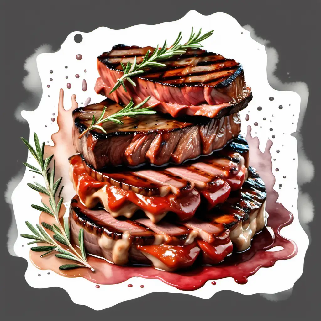 Bbq steak and sausage stacked, water colours, transparent background, rosemary