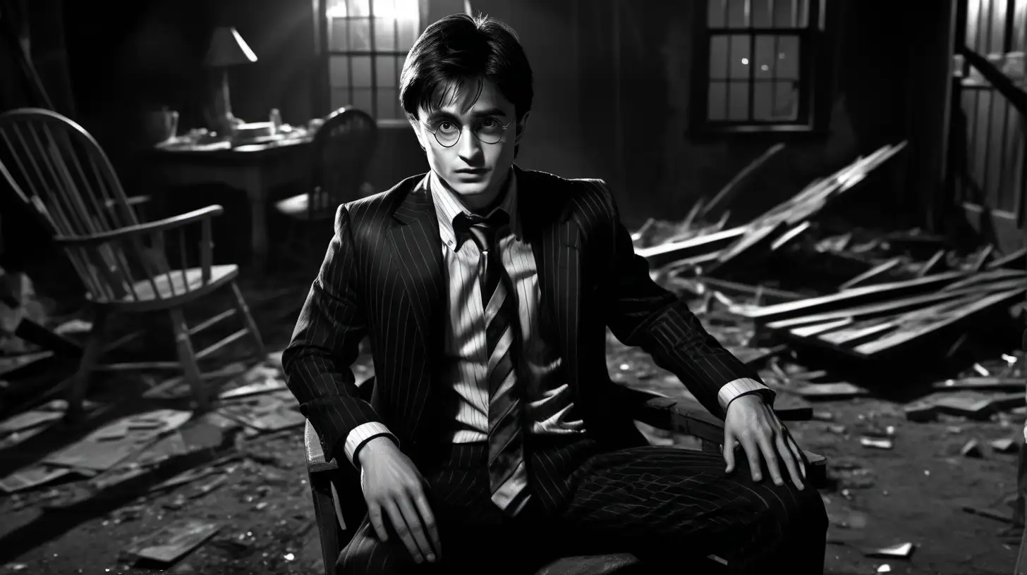 sin city style, black and white, night, view from left, Harry Potter, black hair, brown eyes, dressed in black striped suit, shirt and necktie, sitting on dusty chair, broken furniture of abandoned house on background, hyper-realistic