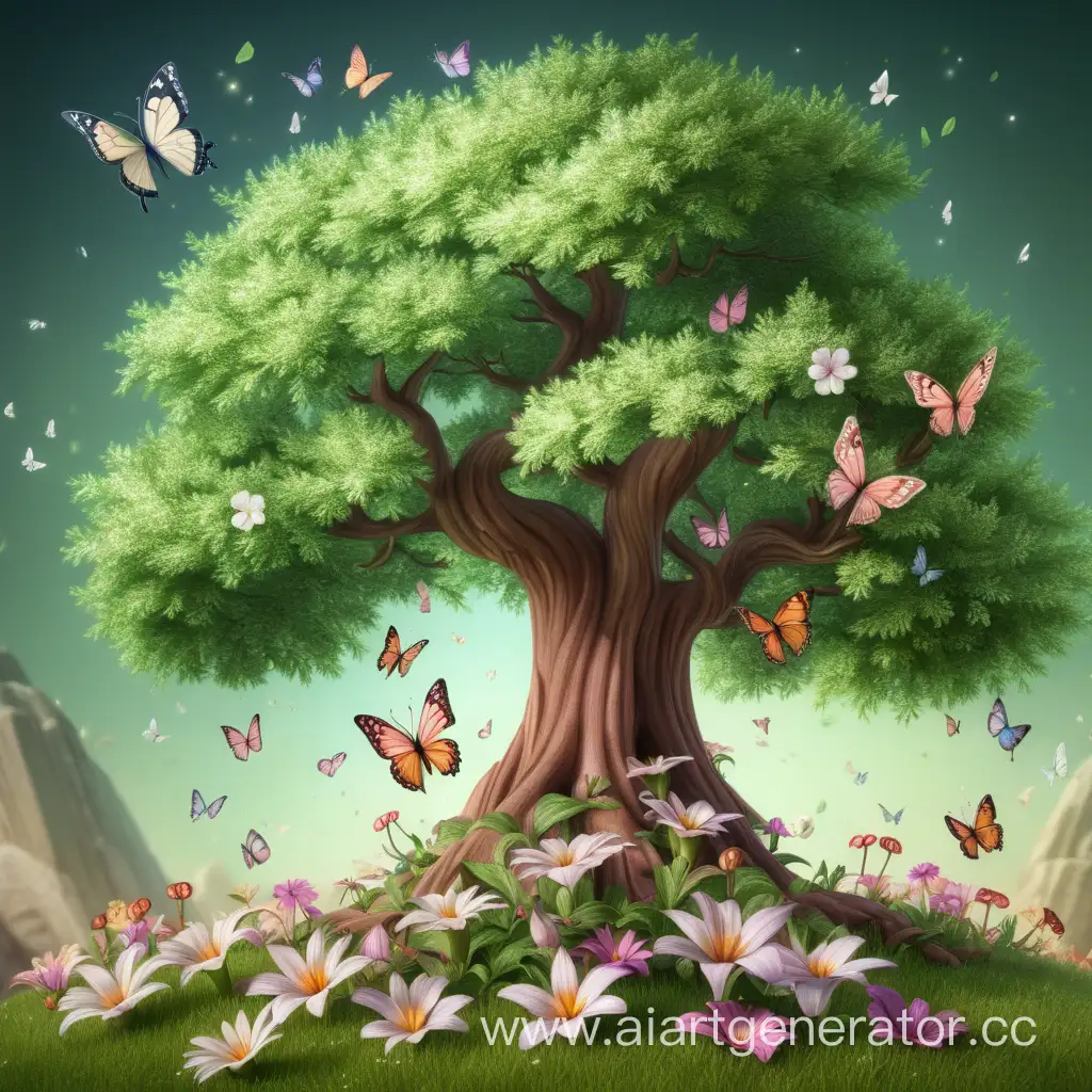 a fairy tail tree with green leaves and beautiful flowers, some butterflyes on solid background