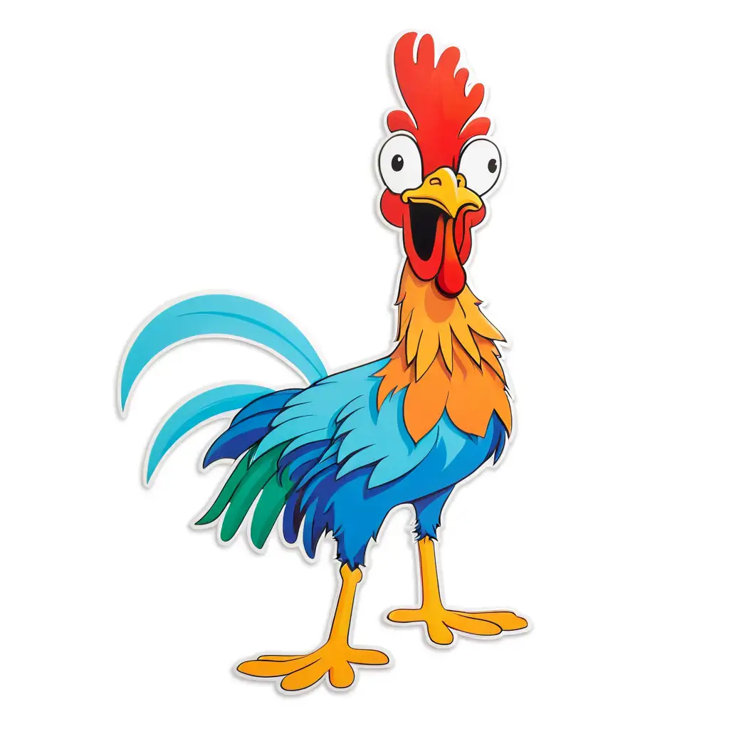 die cut sticker, crazy rooster with border outline around rooster, white background