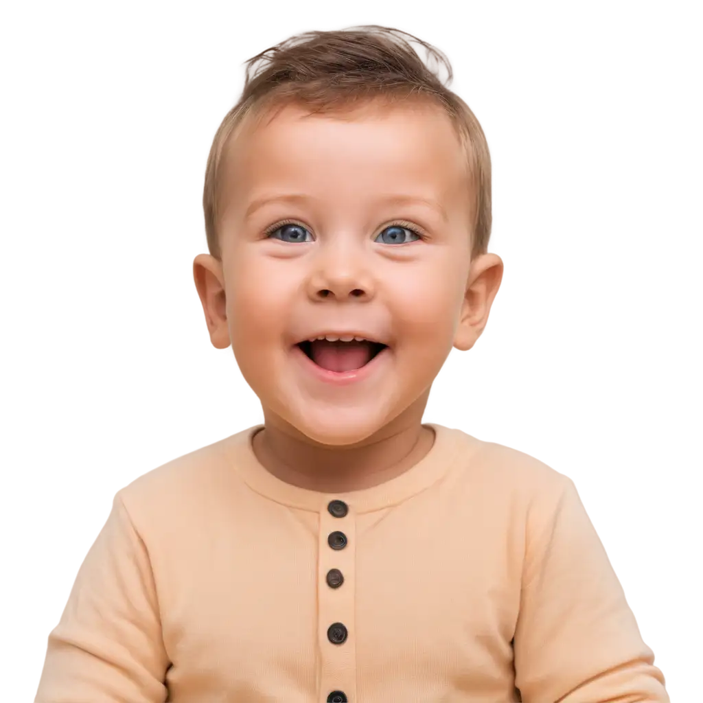 Ребёнок мальчик, возраст 1 год, довольный, улыбается, высокая детализация лица, руки опущены вниз