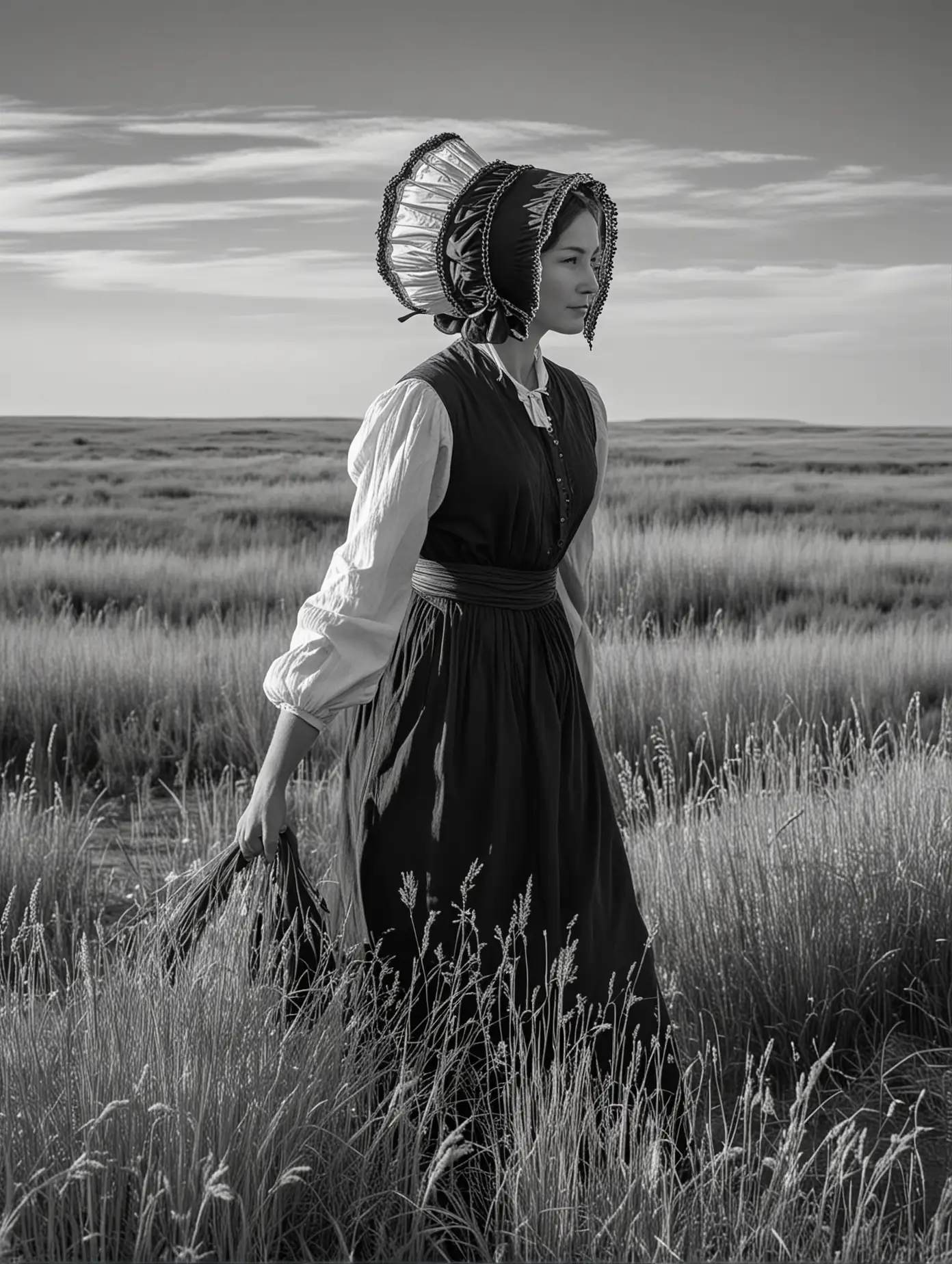 There is a woman arriving at the prairie. She is a caucasian pioneer wearing a bonnet. In front of her the prairie stretches out like a sea of grass.  In Black and white. 

