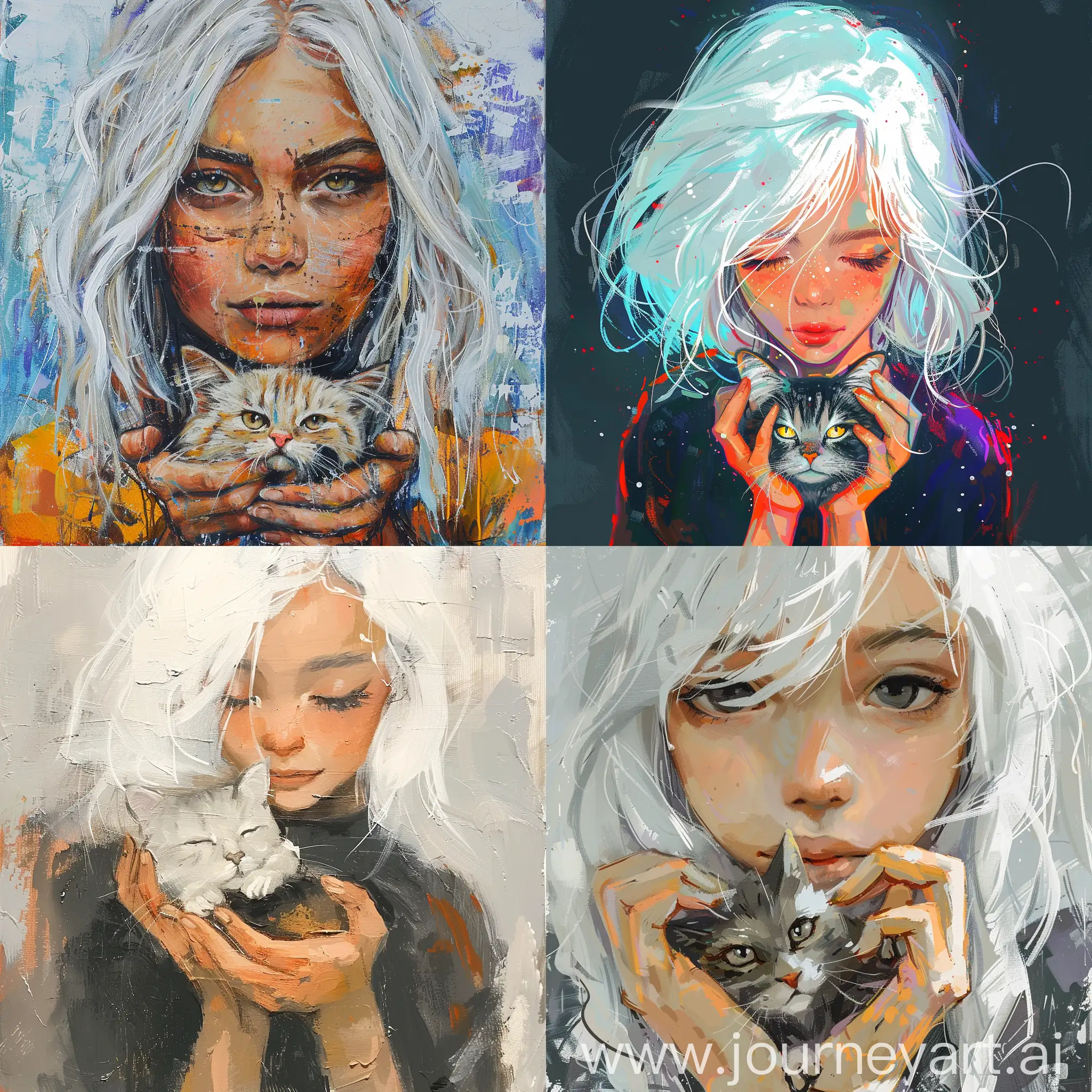girl with white hair with a cat in her hands in the style of abstract art