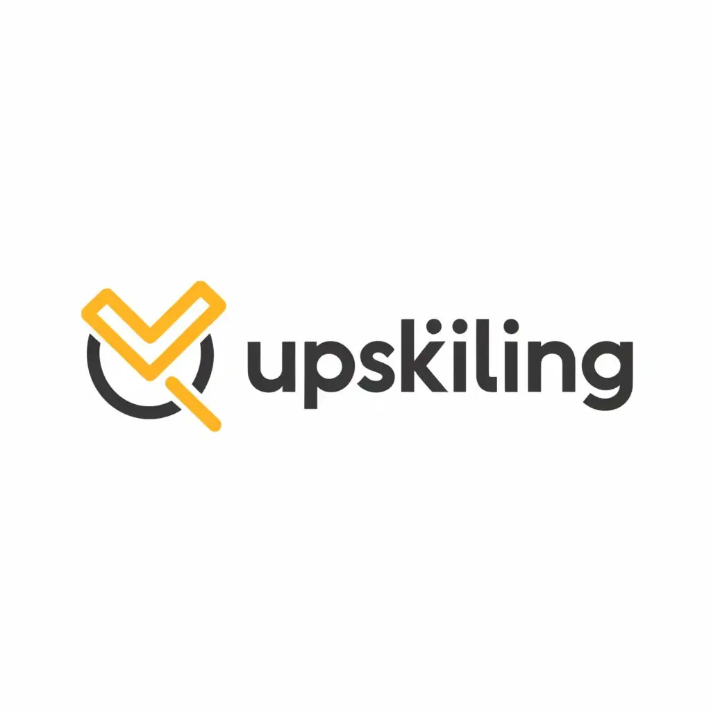 a logo design,with the text "UPSKILLING", main symbol:Upward Arrow: A small upward arrow integrated within the text or placed subtly above it can visually represent growth and progress associated with upskilling.
Checkmark: A checkmark placed after the text can symbolize the idea of achieving goals or completing learning modules on your platform.
Light Bulb: A small light bulb incorporated into the design can represent new ideas, knowledge, and the spark of learning ignited by your platform.,complex,clear background