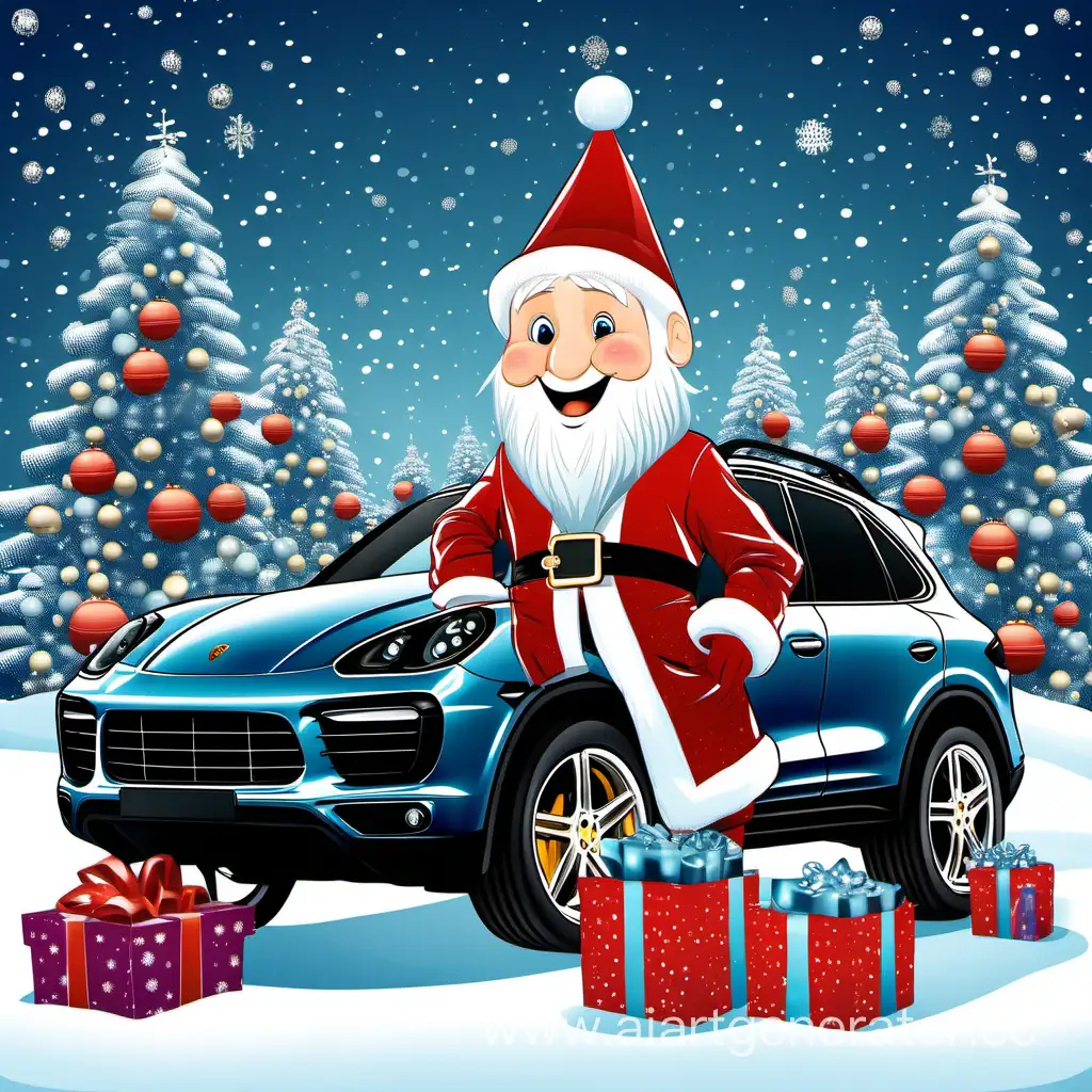Father-Frost-Celebrates-New-Year-2024-in-Style-with-a-Porsche-Cayenne-and-Gifts