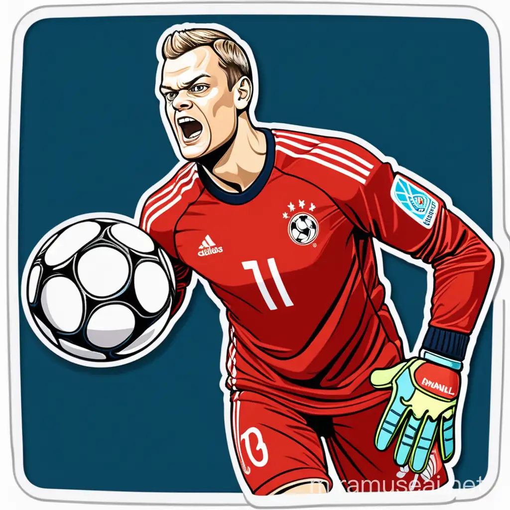 Cartoon sticker of Manuel Neuer in a dynamic goalkeeper pose, ready to make a save, Exaggerate his facial features and use bold, bright colors for a classic cartoon style,
